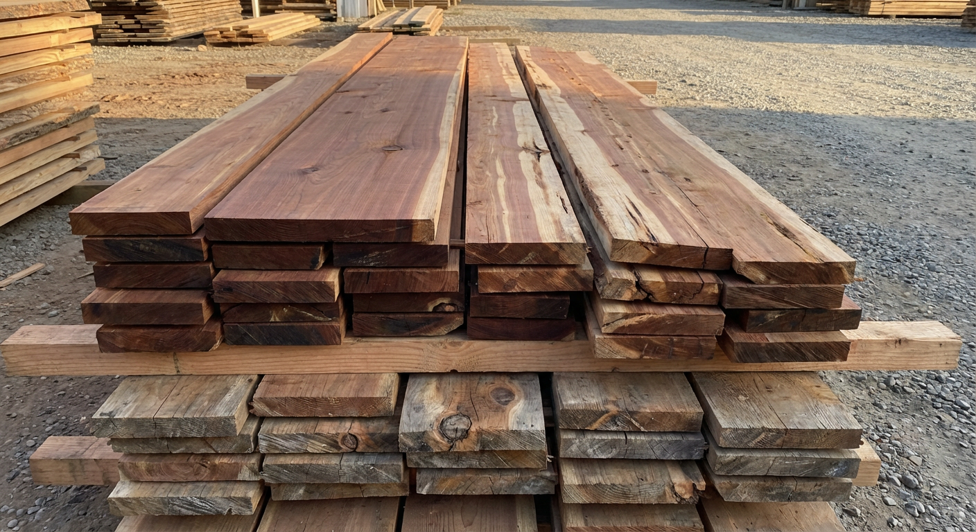 Stacked redwood lumber boards showing grain and color variation at Albion Lumber